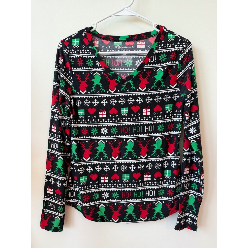 No Boundaries Womens Holiday Fair Isle Reindeer V-Neck Long Sleeve Shirt Black L